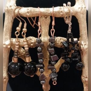 3 pair black stone bead drop Dangle earrings